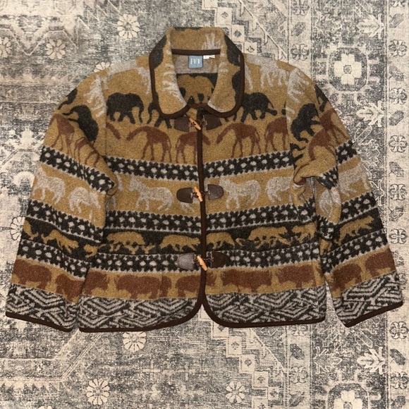 VTG Ivy Wool Blend Blanket Knit blanket Coat Animal Print Women’s large - Picture 1 of 4